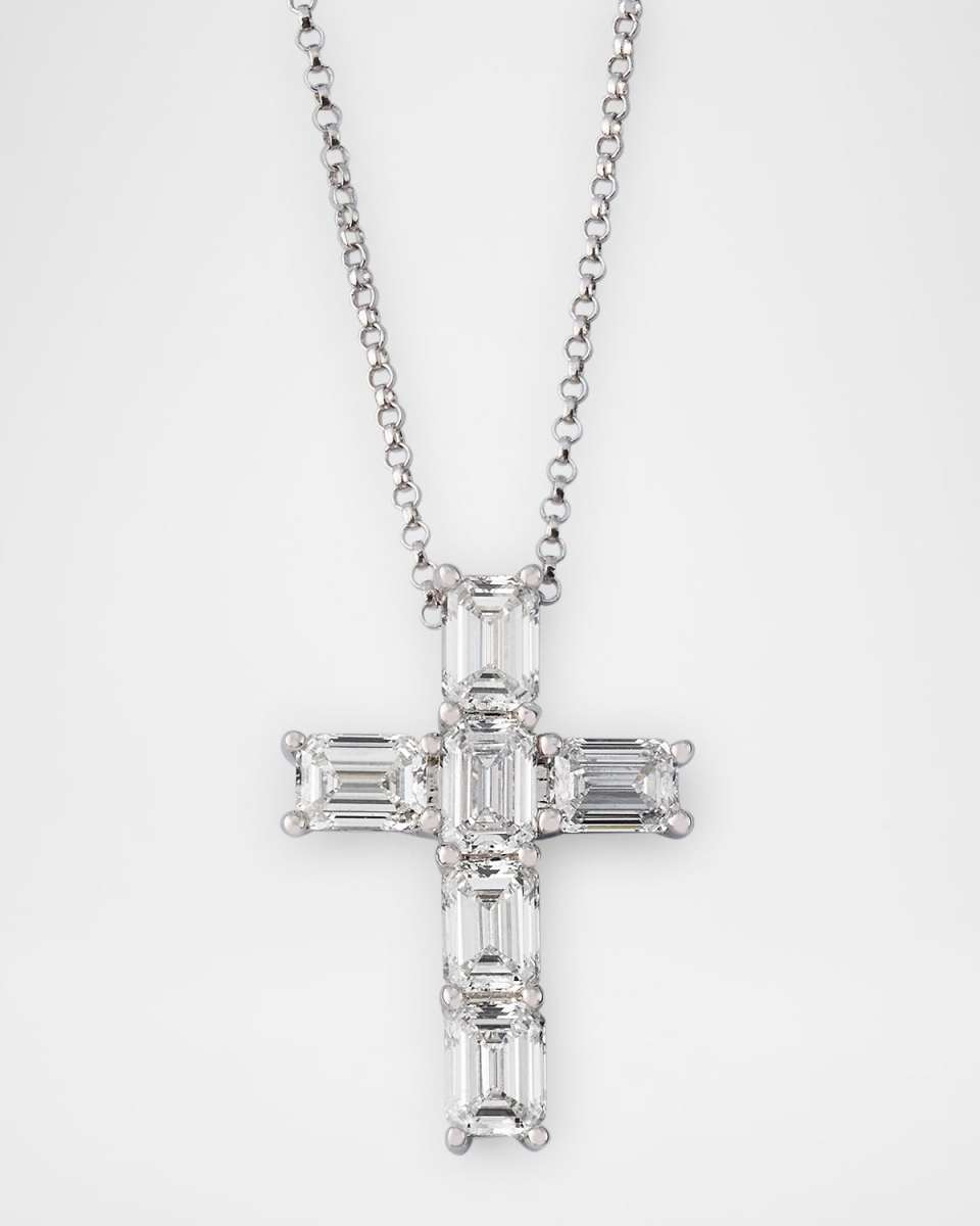 18K White Gold Emerald-Cut Diamond Cross Pendant Necklace, 16"L, 2.48tcw